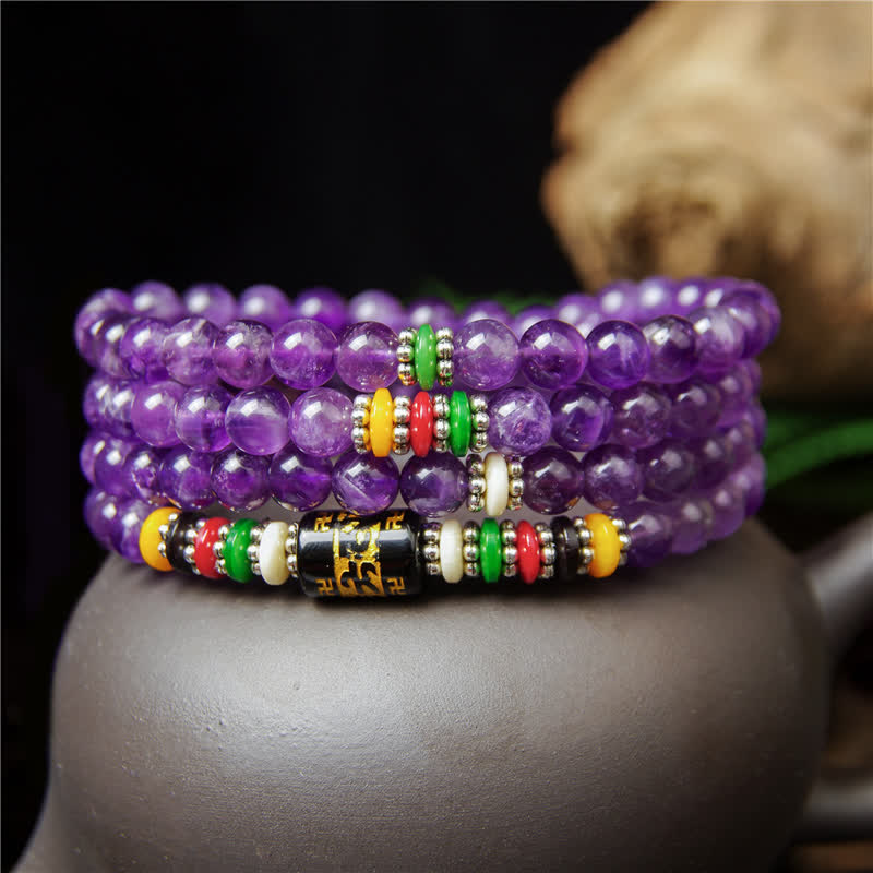 Buddha Stones Amethyst Om Mani Padme Hum Purity Prayer 108 Bead Mala