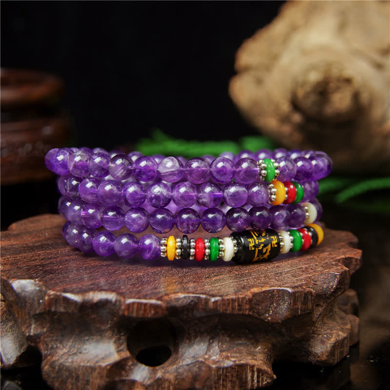 Buddha Stones Amethyst Om Mani Padme Hum Purity Prayer 108 Bead Mala