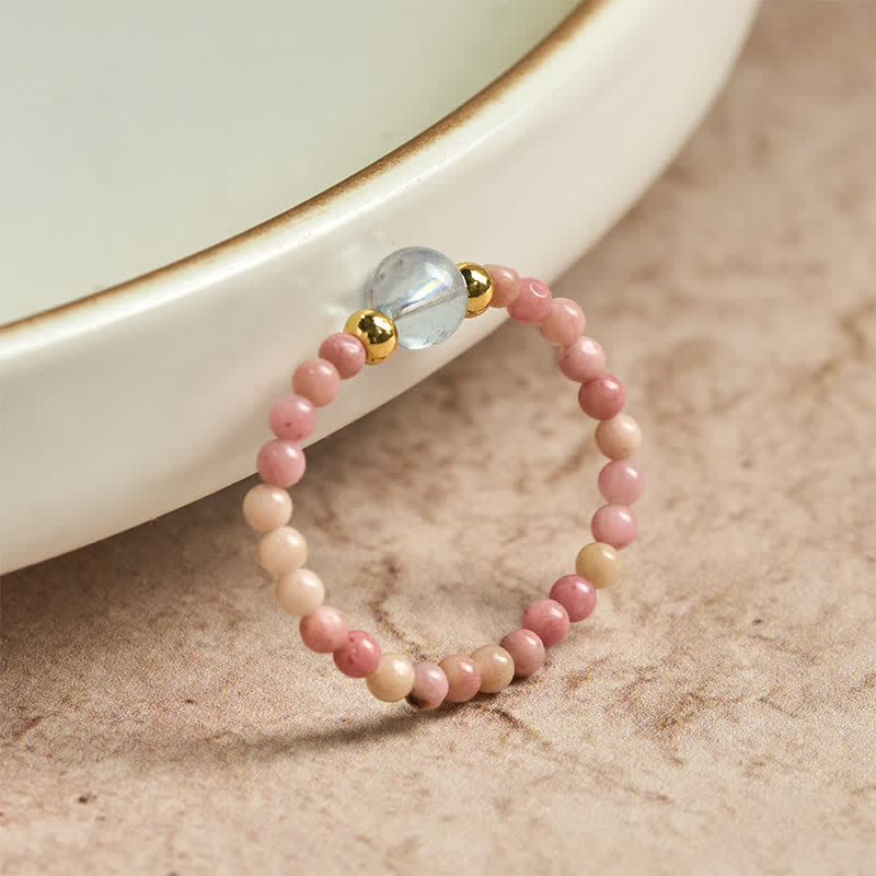 Buddha Stones 2mm Mini Beads Natural Rhodonite Aquamarine Topaz Rose Quartz Healing Elastic Ring