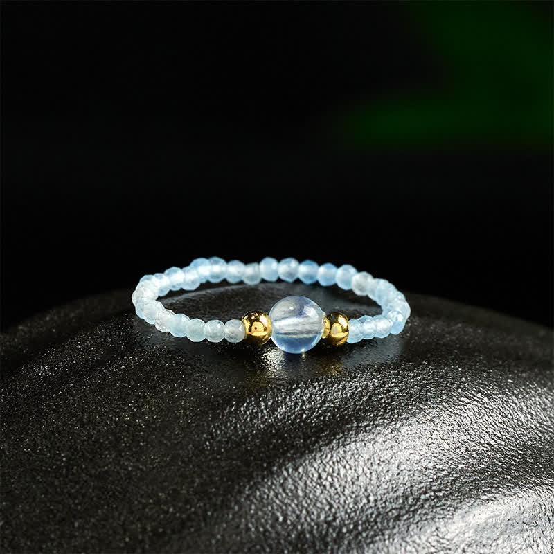 Buddha Stones 2mm Mini Beads Natural Rhodonite Aquamarine Topaz Rose Quartz Healing Elastic Ring