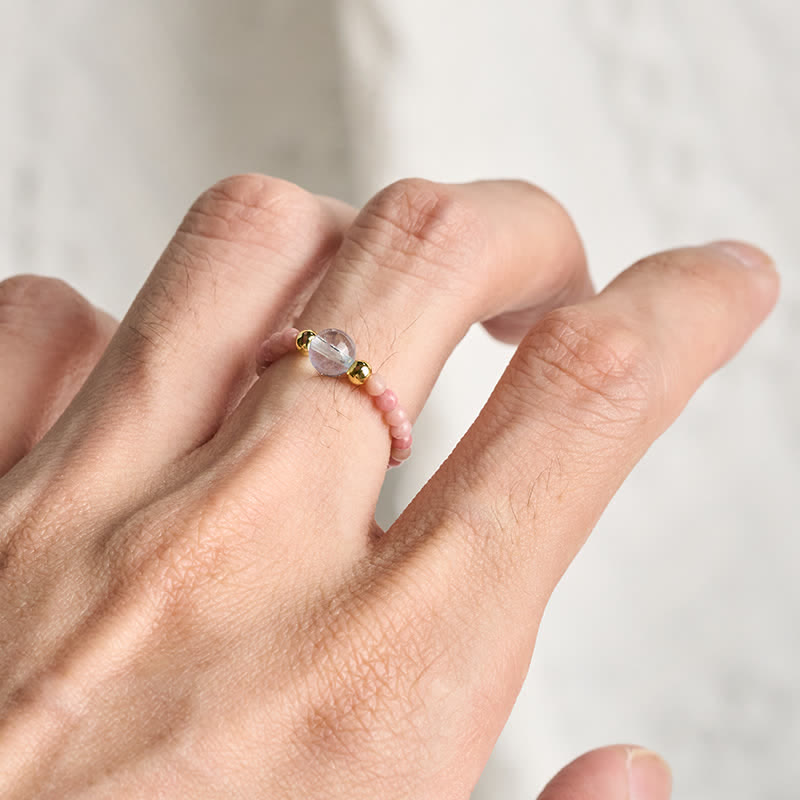 Buddha Stones 2mm Mini Beads Natural Rhodonite Aquamarine Topaz Rose Quartz Healing Elastic Ring