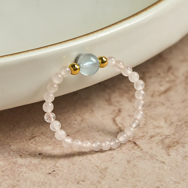 Buddha Stones 2mm Mini Beads Natural Rhodonite Aquamarine Topaz Rose Quartz Healing Elastic Ring