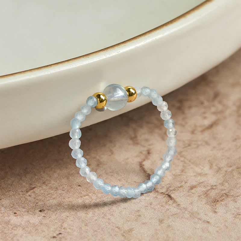 Buddha Stones 2mm Mini Beads Natural Rhodonite Aquamarine Topaz Rose Quartz Healing Elastic Ring