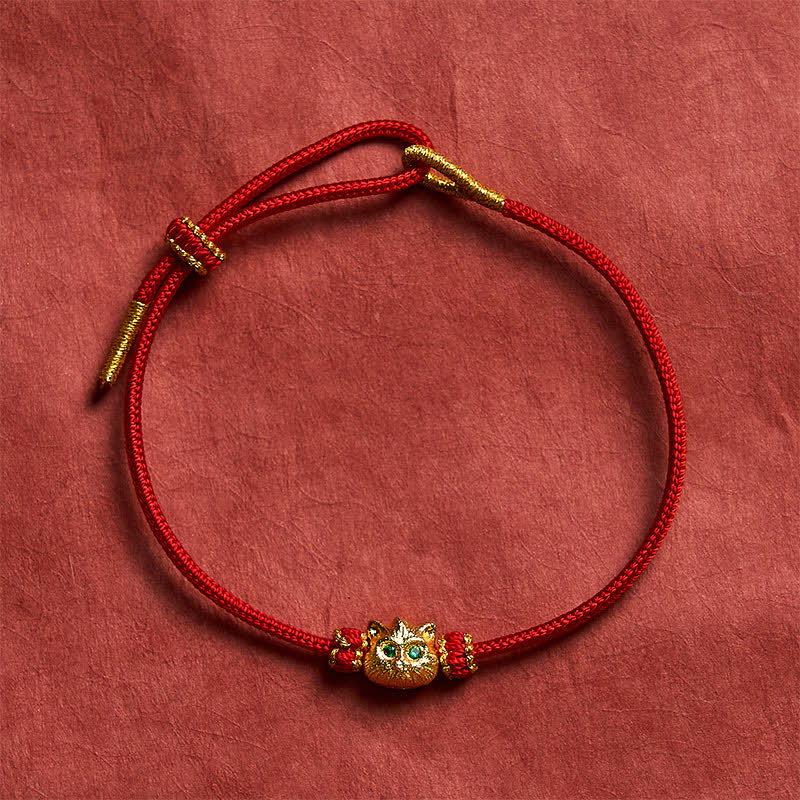 Buddha Stones Hand Woven Red String Cute Cat Luck Bracelet