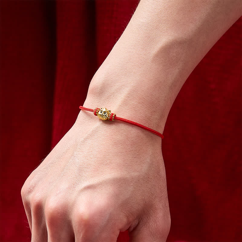 Buddha Stones Hand Woven Red String Cute Cat Luck Bracelet