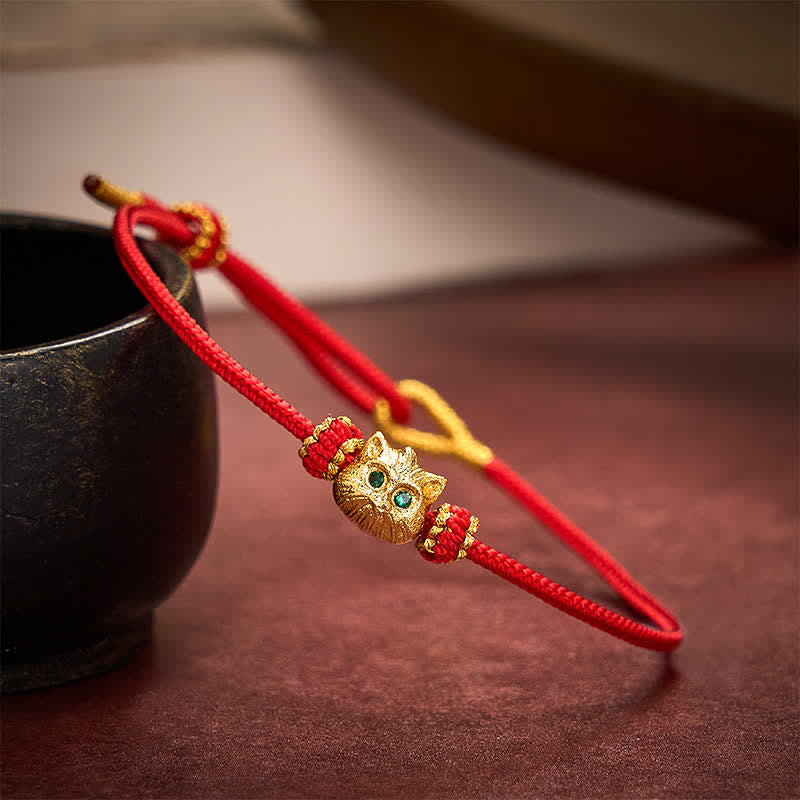 Buddha Stones Hand Woven Red String Cute Cat Luck Bracelet