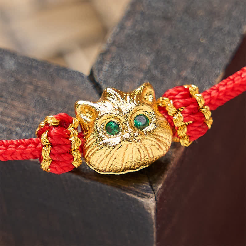 Buddha Stones Hand Woven Red String Cute Cat Luck Bracelet