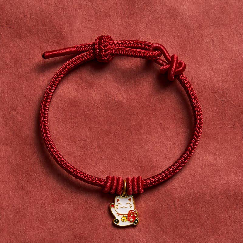 Buddha Stones Handmade Braided Red String Lucky Cat Bringing Good Fortune Fu Character Adjustable Bracelet