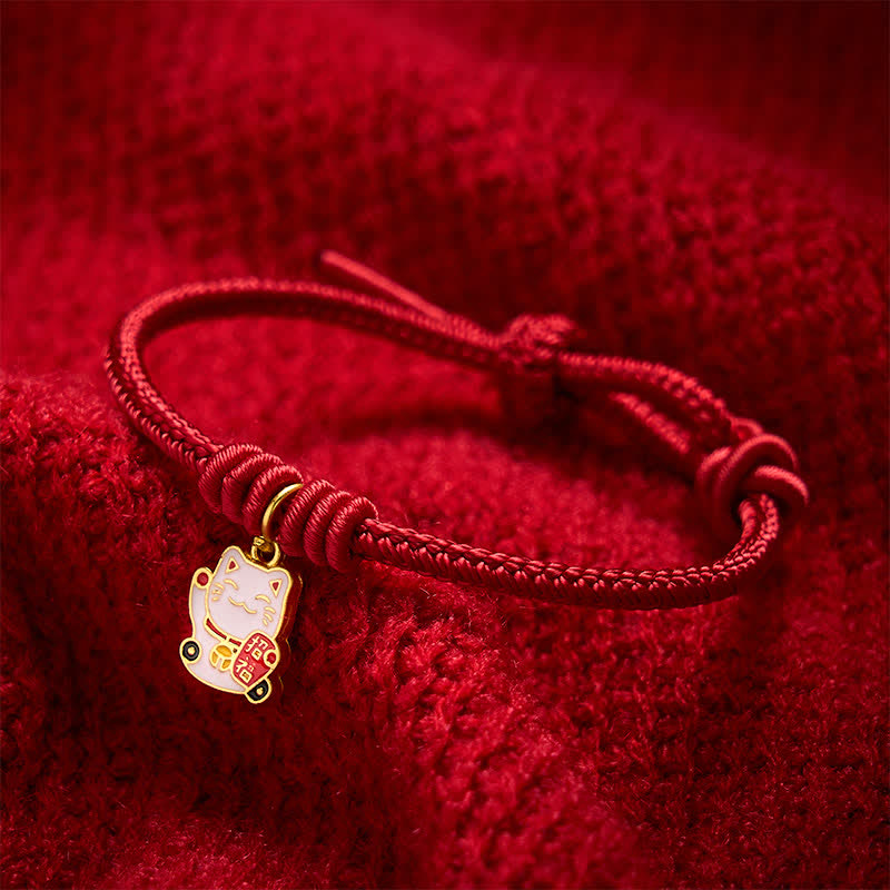 Buddha Stones Handmade Braided Red String Lucky Cat Bringing Good Fortune Fu Character Adjustable Bracelet