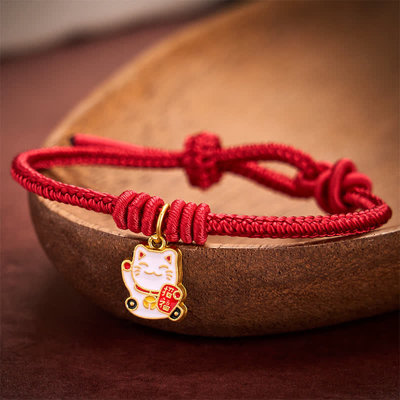Buddha Stones Handmade Braided Red String Lucky Cat Bringing Good Fortune Fu Character Adjustable Bracelet