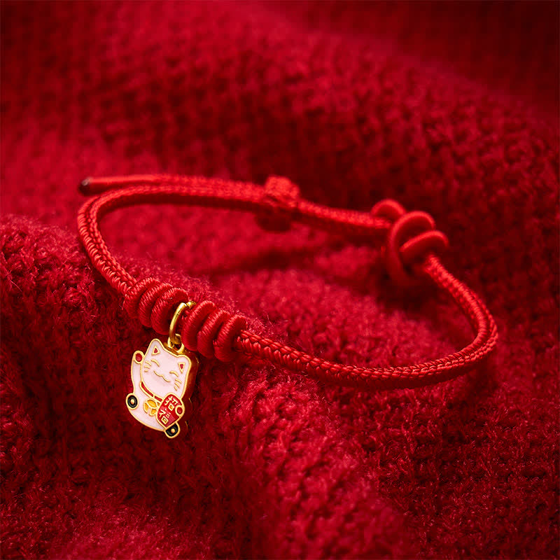 Buddha Stones Handmade Braided Red String Lucky Cat Bringing Good Fortune Fu Character Adjustable Bracelet