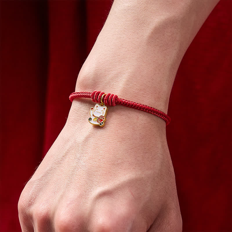 Buddha Stones Handmade Braided Red String Lucky Cat Bringing Good Fortune Fu Character Adjustable Bracelet