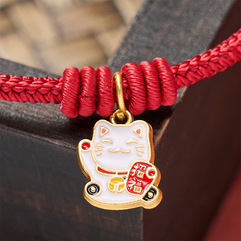 Buddha Stones Handmade Braided Red String Lucky Cat Bringing Good Fortune Fu Character Adjustable Bracelet