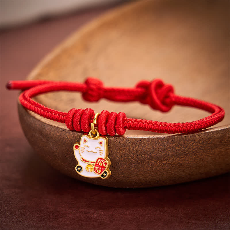 Buddha Stones Handmade Braided Red String Lucky Cat Bringing Good Fortune Fu Character Adjustable Bracelet