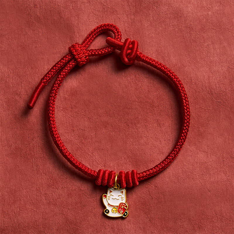 Buddha Stones Handmade Braided Red String Lucky Cat Bringing Good Fortune Fu Character Adjustable Bracelet