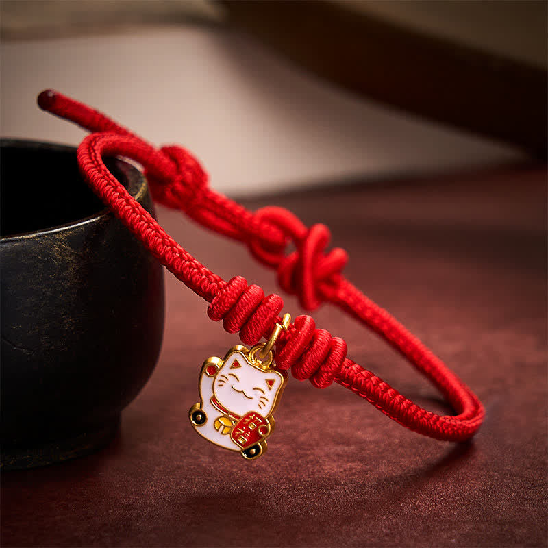 Buddha Stones Handmade Braided Red String Lucky Cat Bringing Good Fortune Fu Character Adjustable Bracelet