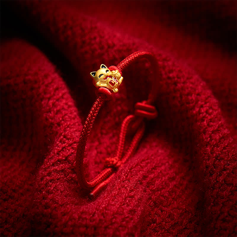 EverestArtstudios Handmade Braided Red String Golden Lucky Cat Fortune Adjustable Bracelet
