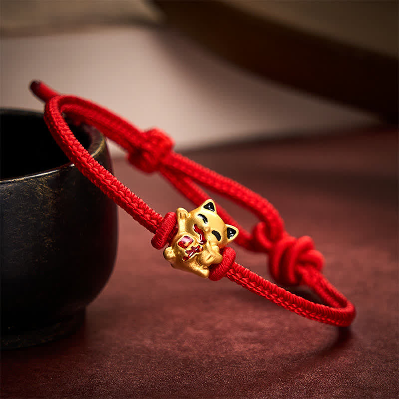 EverestArtstudios Handmade Braided Red String Golden Lucky Cat Fortune Adjustable Bracelet