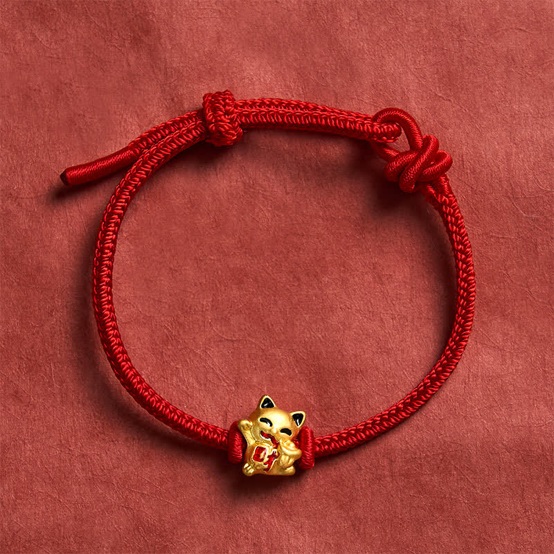 EverestArtstudios Handmade Braided Red String Golden Lucky Cat Fortune Adjustable Bracelet