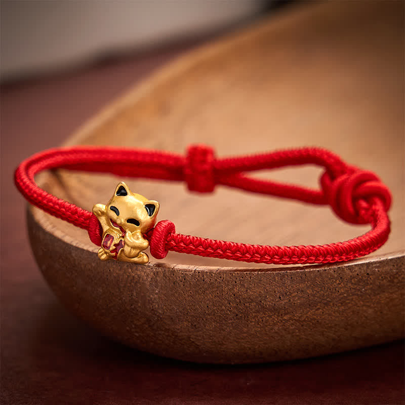 Buddha Stones Handmade Braided Red String Golden Lucky Cat Fortune Adjustable Bracelet