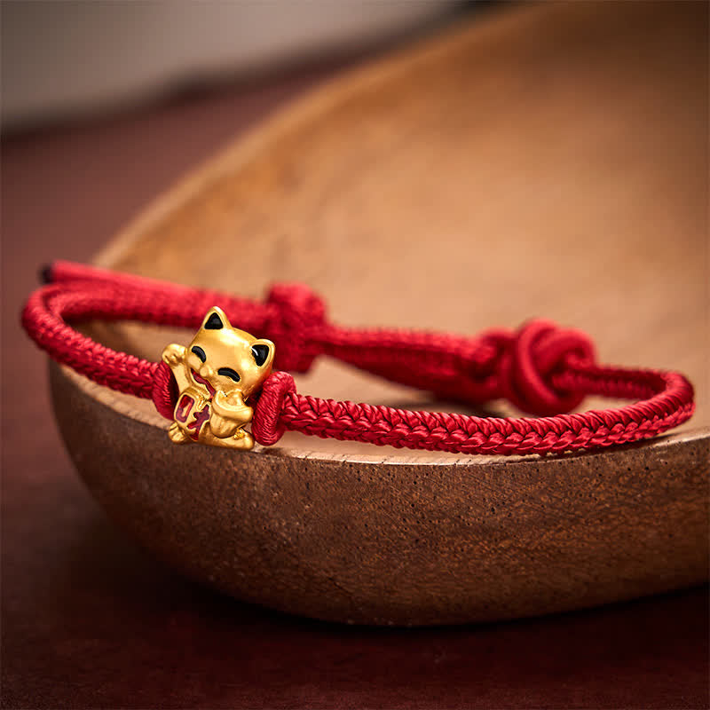 EverestArtstudios Handmade Braided Red String Golden Lucky Cat Fortune Adjustable Bracelet