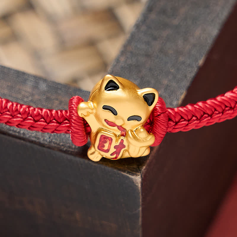 EverestArtstudios Handmade Braided Red String Golden Lucky Cat Fortune Adjustable Bracelet