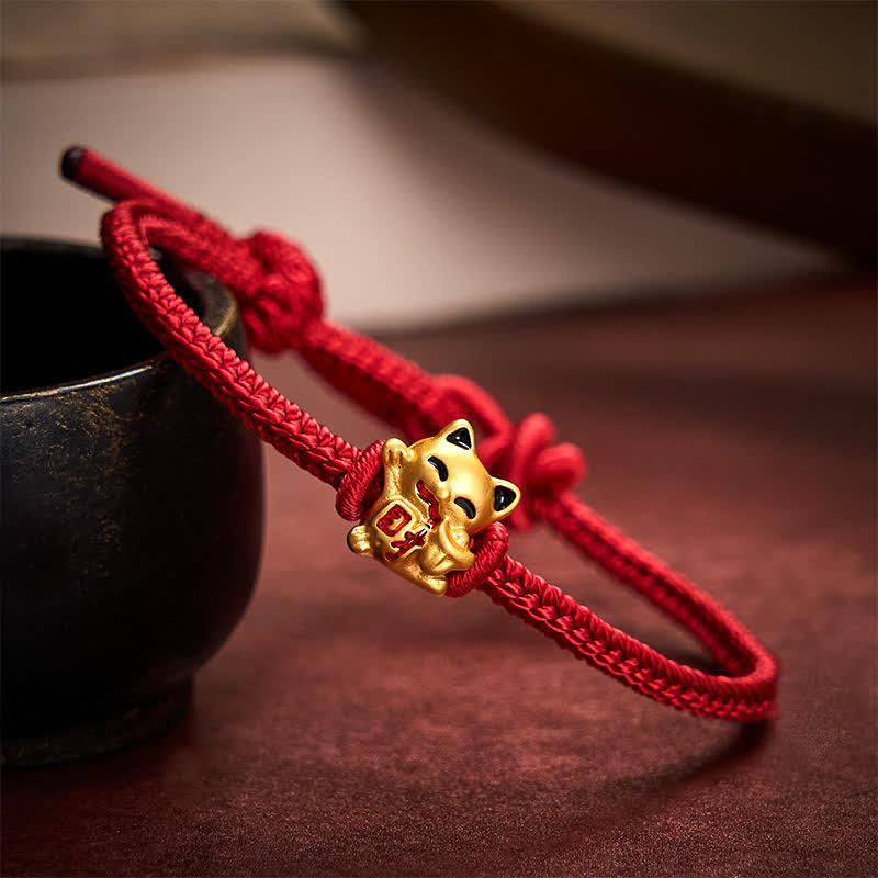 EverestArtstudios Handmade Braided Red String Golden Lucky Cat Fortune Adjustable Bracelet