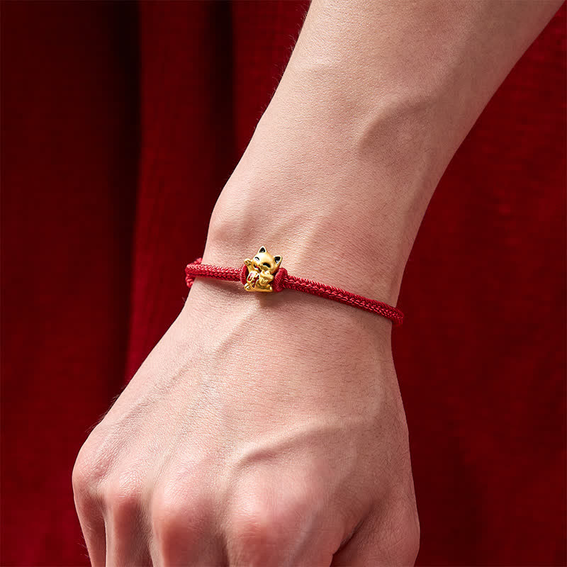 Buddha Stones Handmade Braided Red String Golden Lucky Cat Fortune Adjustable Bracelet
