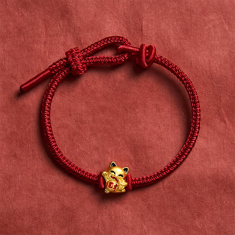 Buddha Stones Handmade Braided Red String Golden Lucky Cat Fortune Adjustable Bracelet