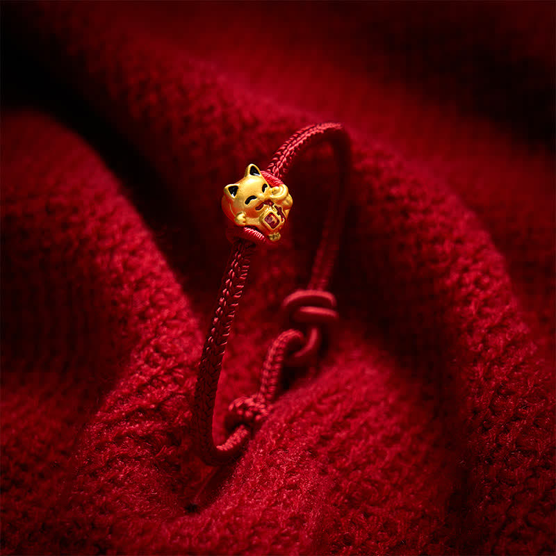 EverestArtstudios Handmade Braided Red String Golden Lucky Cat Fortune Adjustable Bracelet