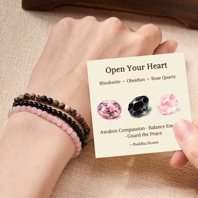 Buddha Stones 3pcs "Open Your Heart" Rhodonite Healing Bracelet Includes Gift Message Card