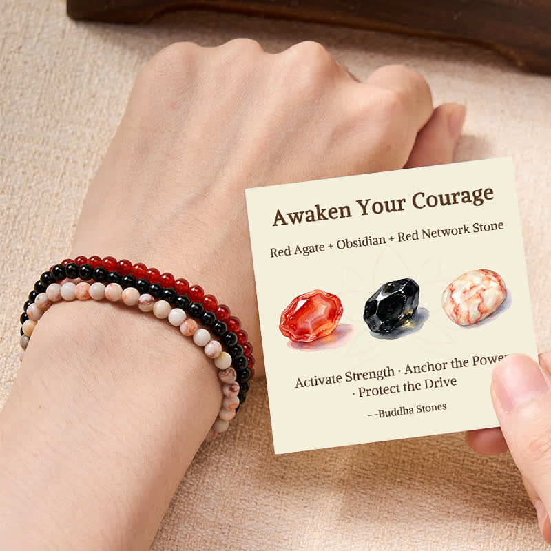 Buddha Stones 3pcs "Awaken Your Courage" Red Agate Calm Bracelet Includes Gift Message Card
