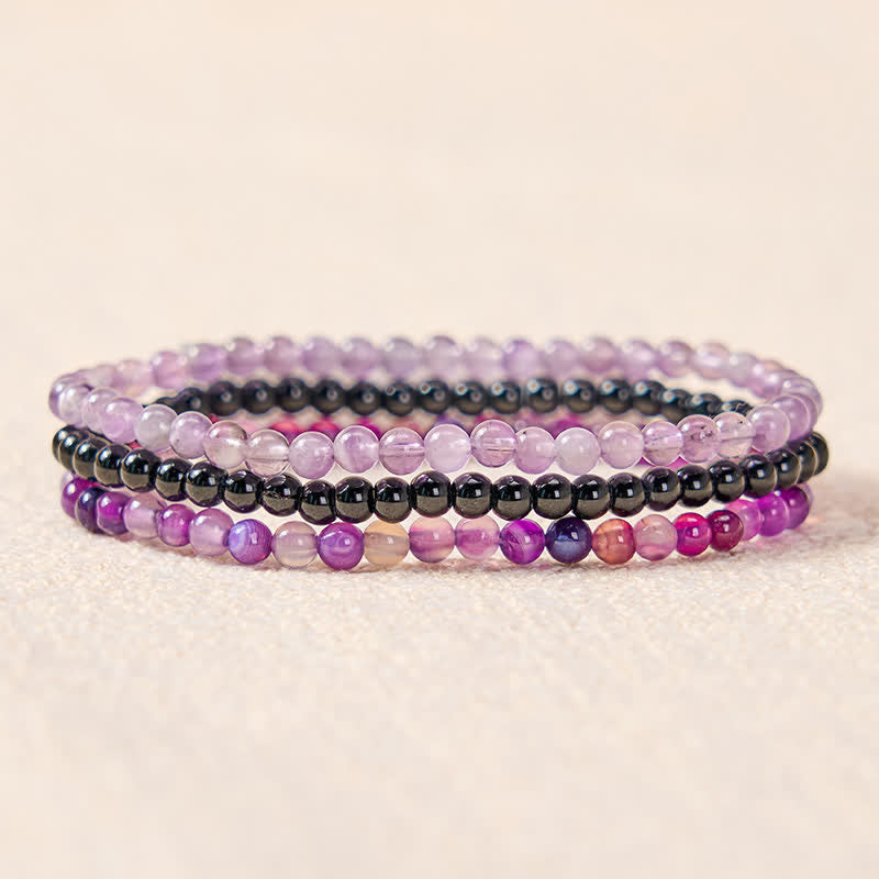 Buddha Stones 3pcs "Protect Your Inner Calm" Purple Striped Agate Bracelet Includes Gift Message Card