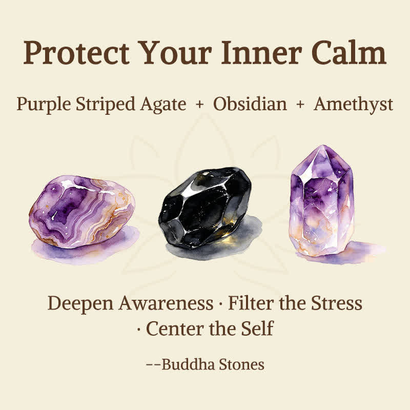 Buddha Stones 3pcs "Protect Your Inner Calm" Purple Striped Agate Bracelet Includes Gift Message Card