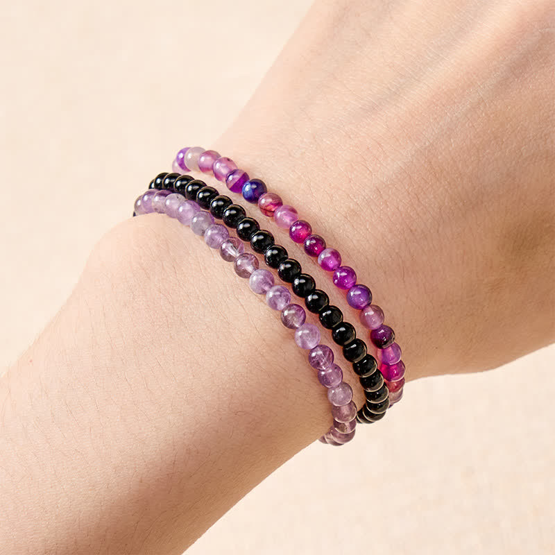 Buddha Stones 3pcs "Protect Your Inner Calm" Purple Striped Agate Bracelet Includes Gift Message Card