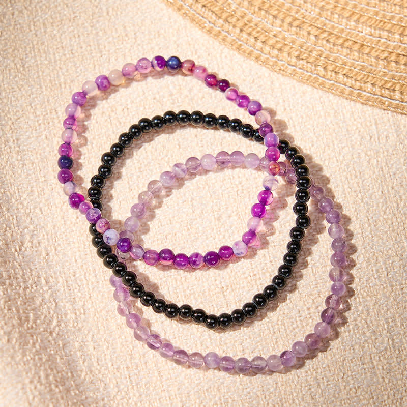 Buddha Stones 3pcs "Protect Your Inner Calm" Purple Striped Agate Bracelet Includes Gift Message Card