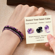 Buddha Stones 3pcs "Protect Your Inner Calm" Purple Striped Agate Bracelet Includes Gift Message Card
