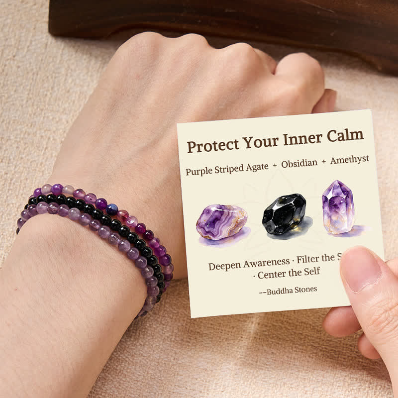 Buddha Stones 3pcs "Protect Your Inner Calm" Purple Striped Agate Bracelet Includes Gift Message Card