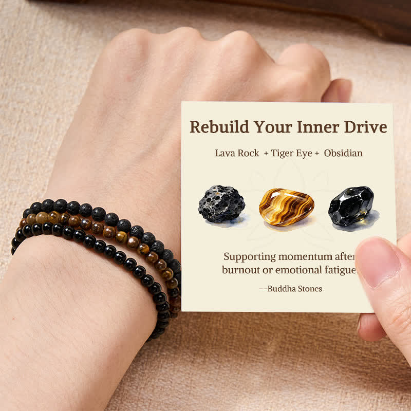 Buddha Stones 3pcs "Rebuild Your Inner Drive" Lava Rock Calm Bracelet Includes Gift Message Card