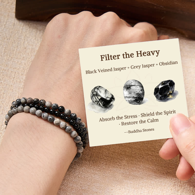 Buddha Stones 3pcs "Filter the Heavy" Black Veined Strength Bracelet Includes Gift Message Card