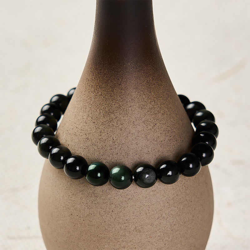 Buddha Stones Rainbow Obsidian Yin Yang Balance Round Bead Bracelet