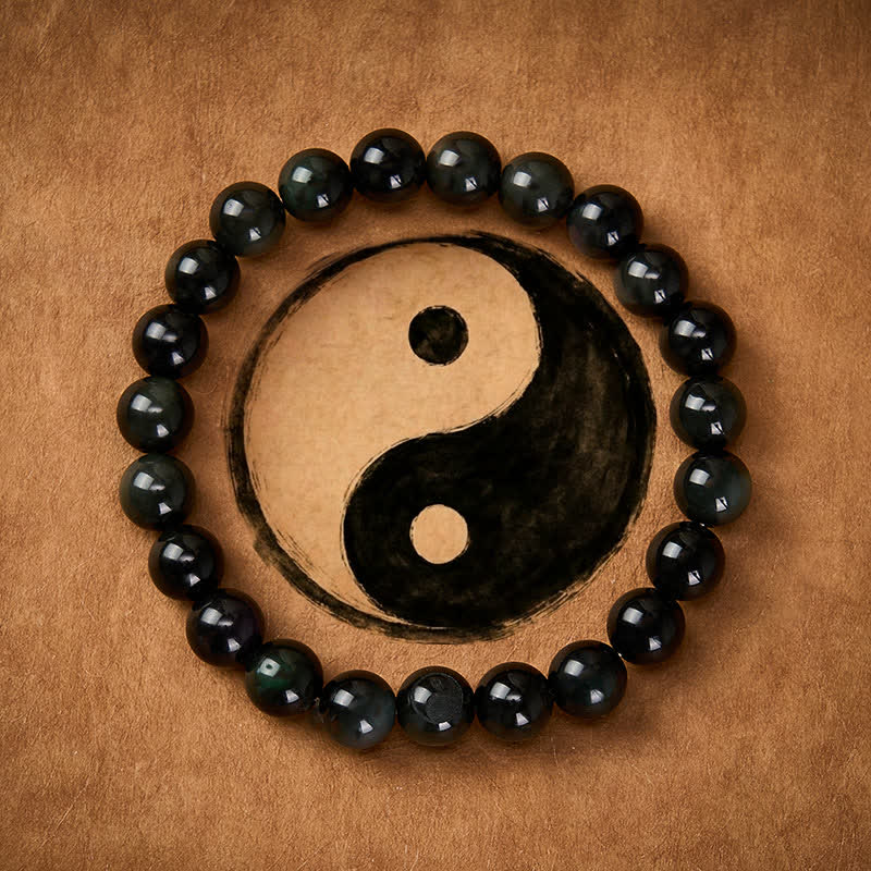 Buddha Stones Rainbow Obsidian Yin Yang Balance Round Bead Bracelet