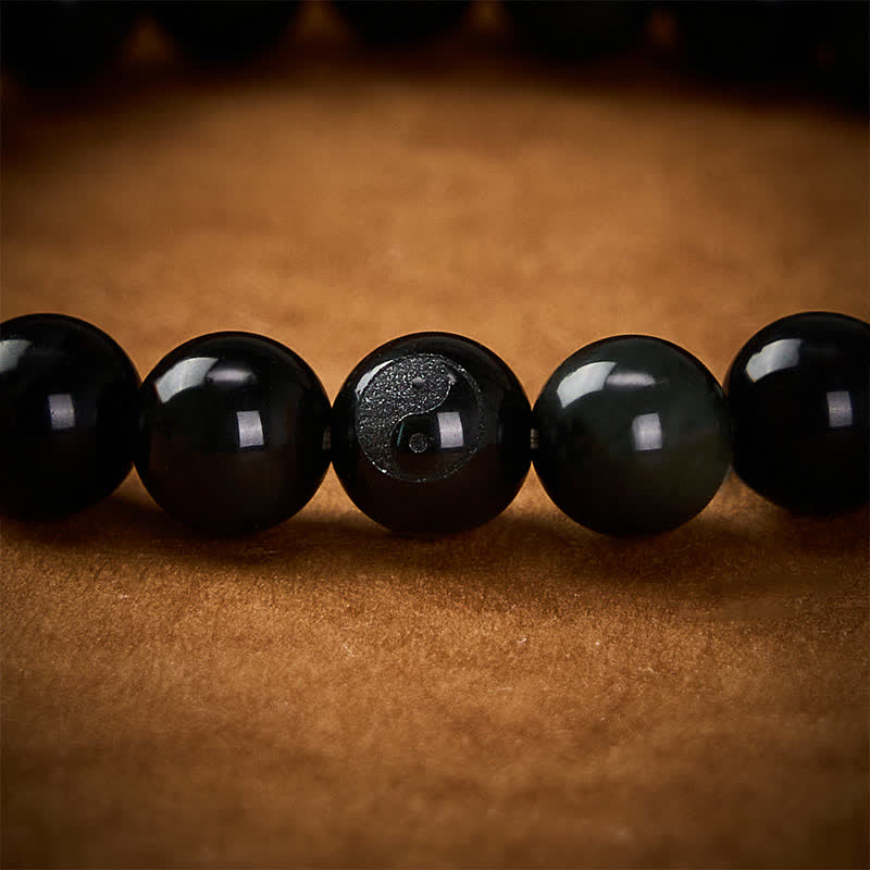 Buddha Stones Rainbow Obsidian Yin Yang Balance Round Bead Bracelet