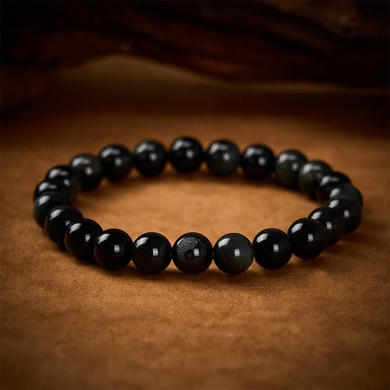 Buddha Stones Rainbow Obsidian Yin Yang Balance Round Bead Bracelet