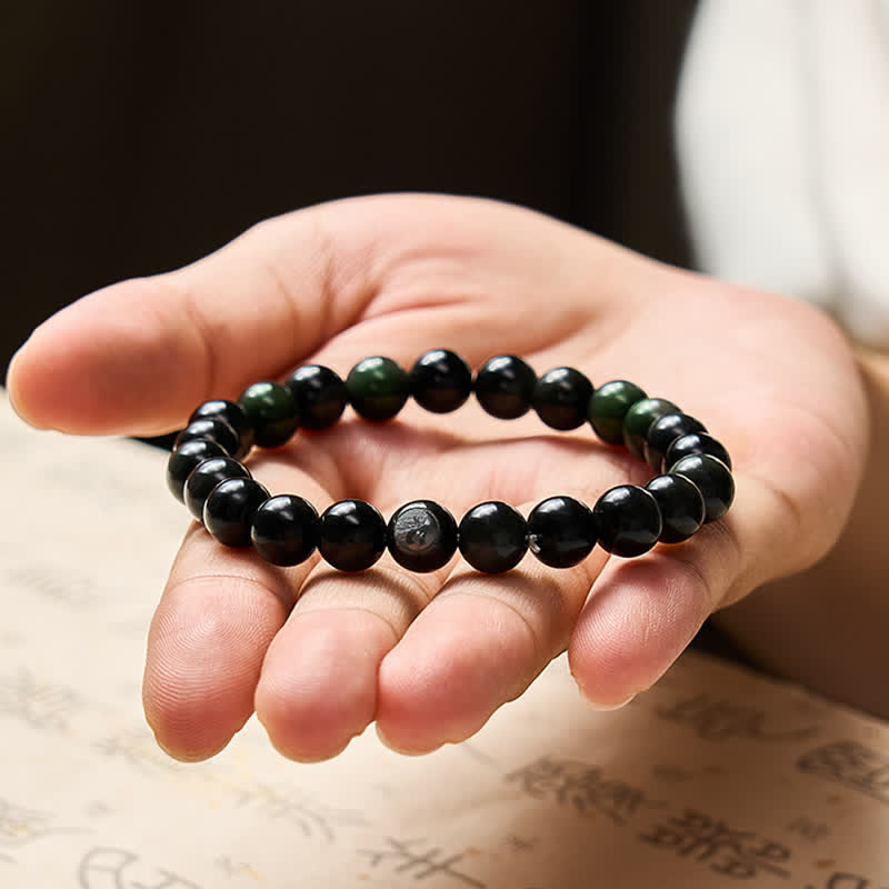 Buddha Stones Rainbow Obsidian Yin Yang Balance Round Bead Bracelet