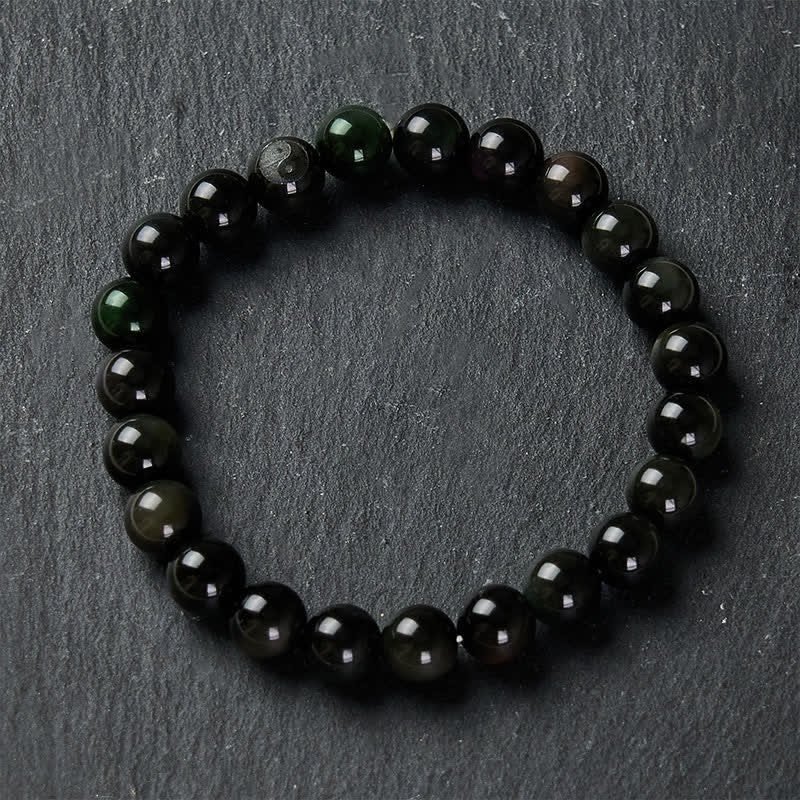 Buddha Stones Rainbow Obsidian Yin Yang Balance Round Bead Bracelet