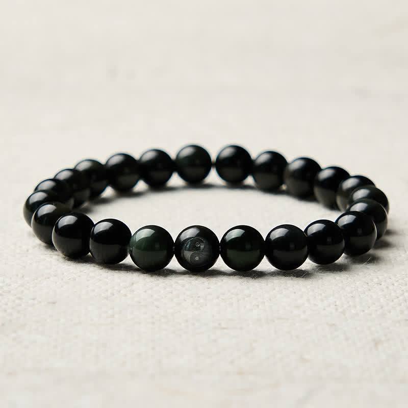 Buddha Stones Rainbow Obsidian Yin Yang Balance Round Bead Bracelet