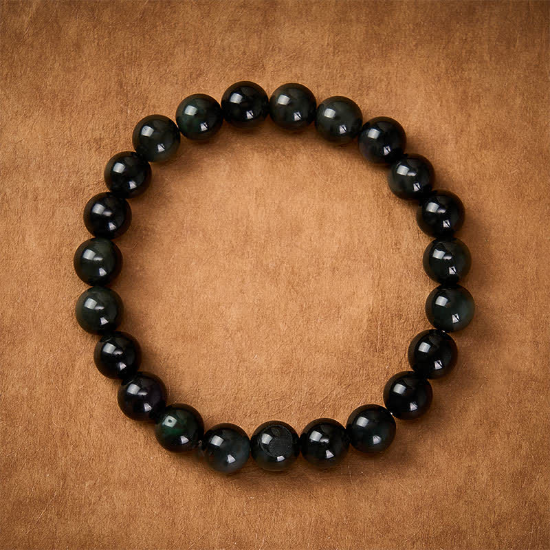 Buddha Stones Rainbow Obsidian Yin Yang Balance Round Bead Bracelet