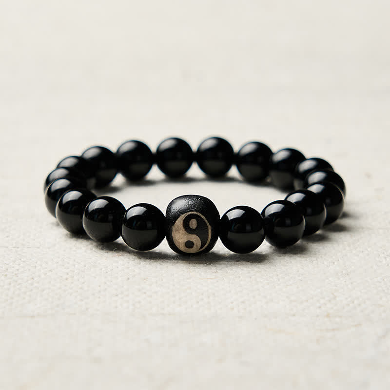 Buddha Stones Tibetan Black Obsidian Black Onyx Yin Yang Bead Protection Bracelet