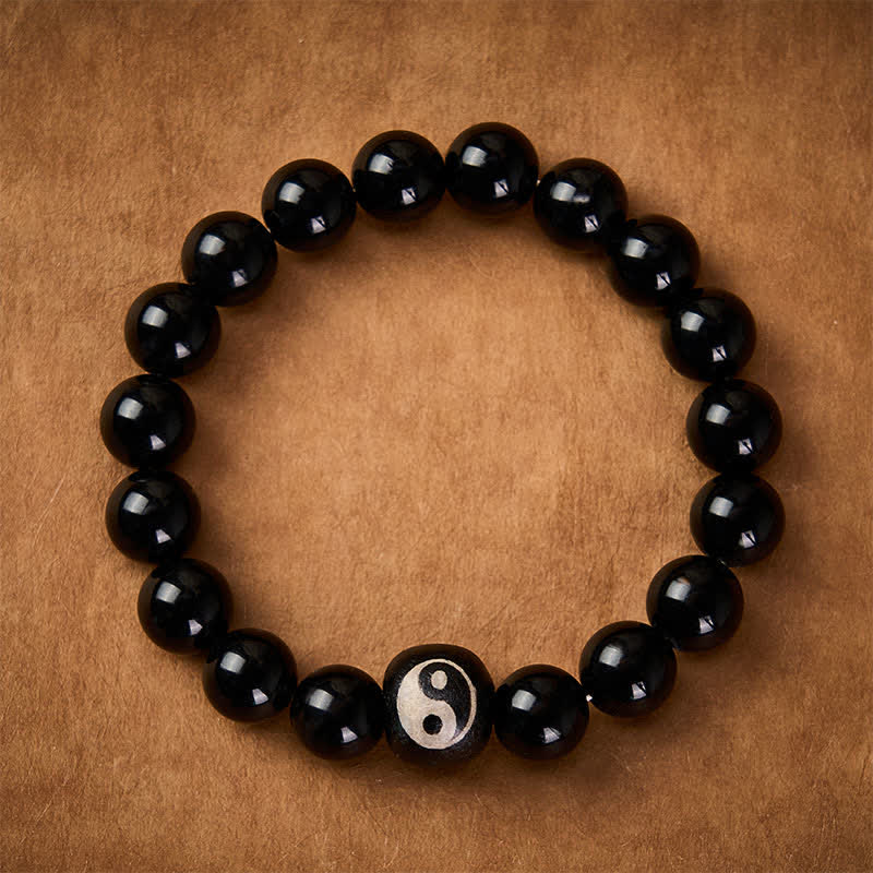 Buddha Stones Tibetan Black Obsidian Black Onyx Yin Yang Bead Protection Bracelet